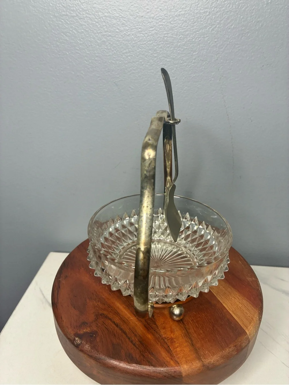Vintage Pressed Glass Jam Bowl With Silver Plate Holder & Spoon